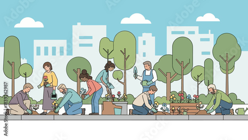 community park with diverse group of people engaging in gardening and outdoor