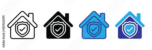 Four variations of a house icon with a shield and checkmark symbol representing secure home protection and safety high quality