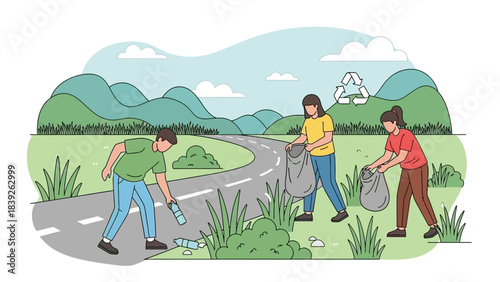 community cleanup effort involving volunteers collecting trash in a scenic