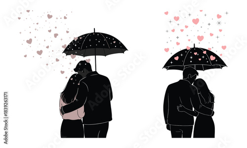 Couple silhouettes embracing under umbrella with falling hearts and stars