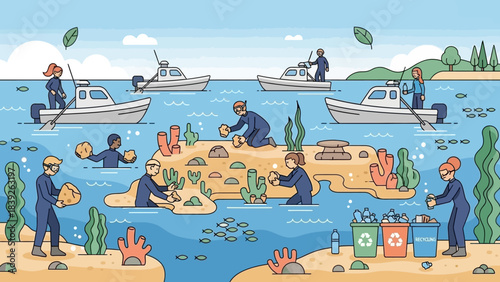 marine conservation team clean-up with boats and underwater habitat restoration