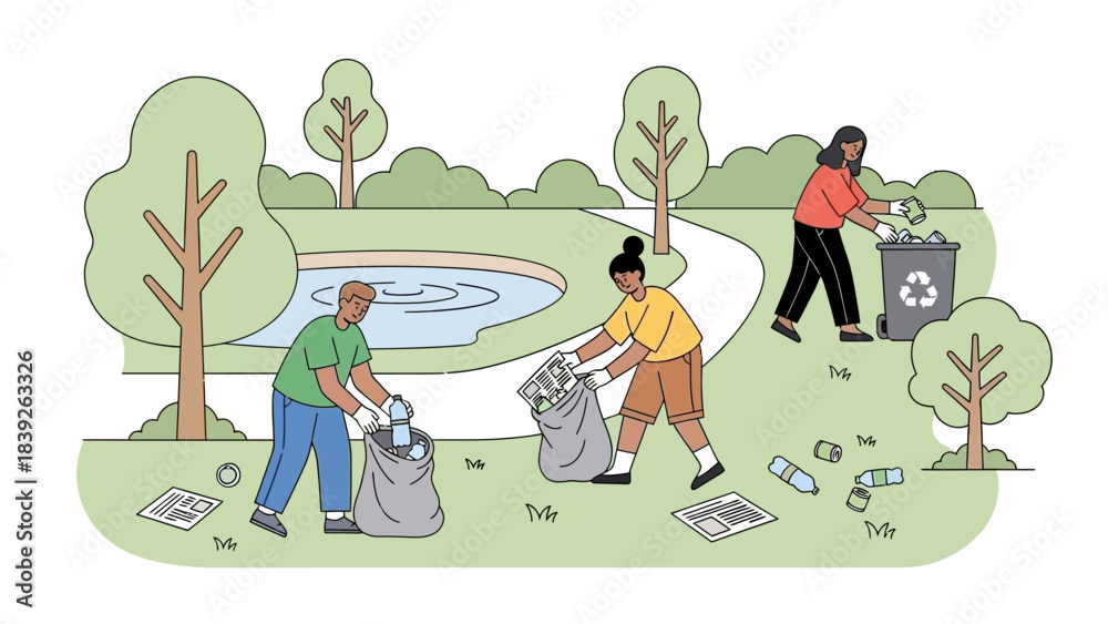 Fototapeta premium community park cleanup activity with diverse volunteers collecting litter in a