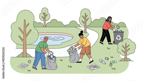 community park cleanup activity with diverse volunteers collecting litter in a