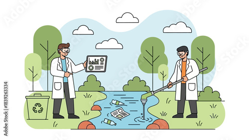 scientists analyzing water pollution and environmental impact in nature scene