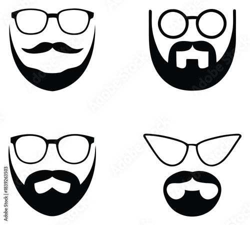 Four different icons of mens faces with beards and mustaches wearing glasses