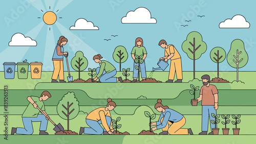 community gardening and tree planting activities in a sunny outdoor park scene