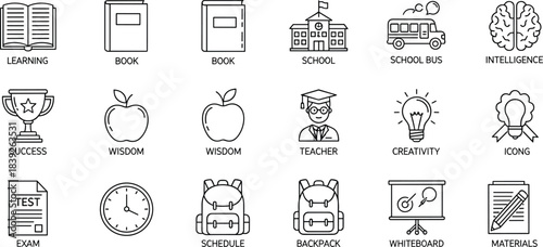 Comprehensive Education and Academic Learning Line Icons Set Covering School, Books, Intelligence, Teacher, Creativity, Success, Exams, and Campus Materials for Study.