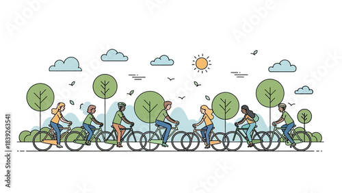 illustration of diverse people riding bicycles in a park under sunny sky