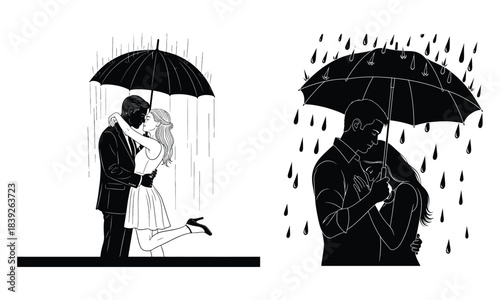 Couple in love kissing and embracing under umbrella in rain, illustration