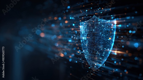 A digital representation of a shield, symbolizing security, surrounded by glowing particles and lines, illustrating concepts of cybersecurity and protection.