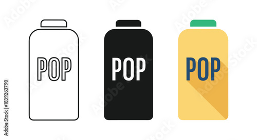 Three pop can illustrations in different colors and styles