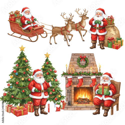 Four isolated vintage watercolor illustrations of jolly santa claus in a red suit, sleigh, reindeer, and gifts on a transparent background, nostalgic 1950s retro christmas asset collection