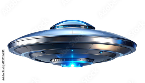  Futuristic Silver UFO Saucer with Blue Light Beam – Transparent Background