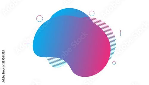 This is a vibrant, fluid gradient element shifting from cool blue to warm magenta, featuring an abstract, irregular shape and accented by dynamic lines and simple geometric shapes.