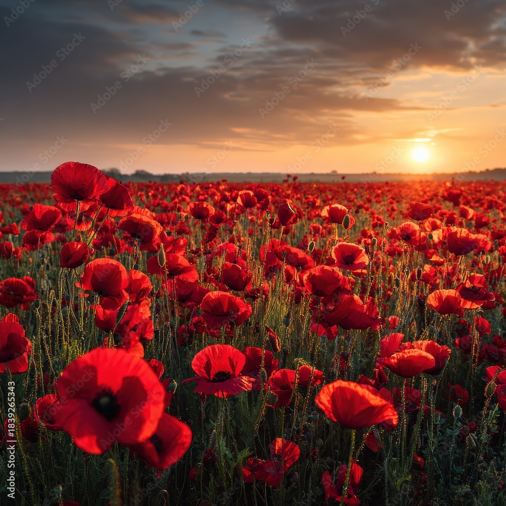 Obraz premium A vibrant field of red poppies under a dramatic sunset, creating a picturesque and serene landscape filled with natural beauty.