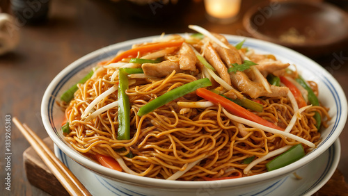 A close-up photograph of freshly prepared chow mein noodles served in a traditional white ceramic bowl with blue trim. The golden-brown wheat noodles are perfectly stir-fried and mixed with vibrant ju