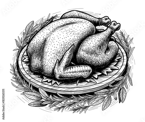 Roast Turkey on Platter with Herbs. Hand Drawn Ink Illustration in Vintage Engraving Style.