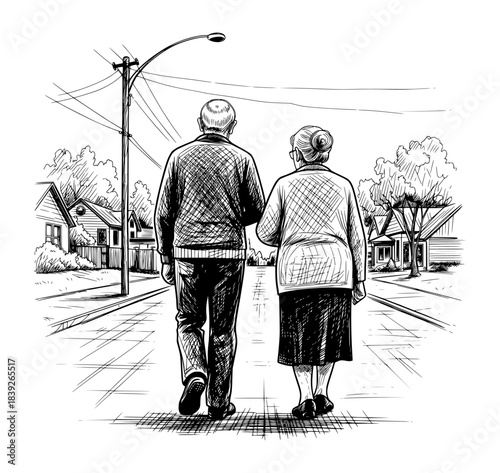 Elderly Couple Walking Together on a Quiet Suburban Street. Hand Drawn Black and White Ink Sketch Illustration.
