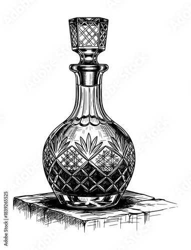 Crystal Decanter with Ornate Stopper on a Flat Surface. Hand Drawn Ink Illustration in Vintage Engraving Style.