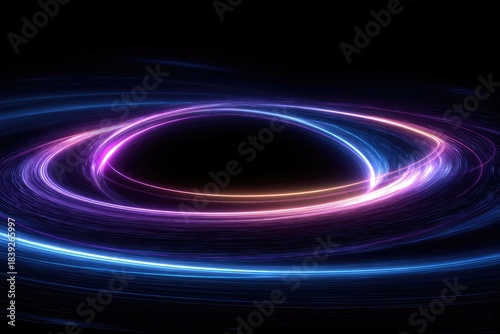 An oval of luminous rings in blue, purple, and gold creates a mesmerizing abstract swirl against a black background
