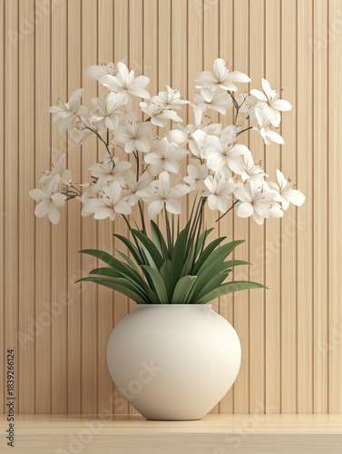 Vase of white flowers against vertical wooden panels, simple elegance