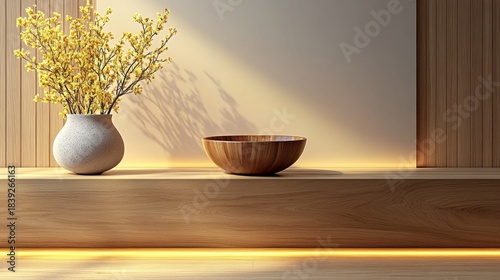 Warm interior scene with yellow flowers, wood bowl, and neutral tones on a shelf