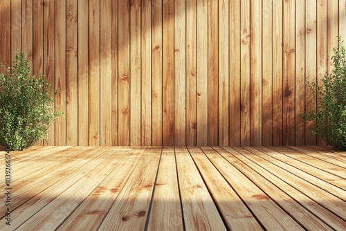 Wood paneled scene w/ deck, foliage, & dappled sunlight