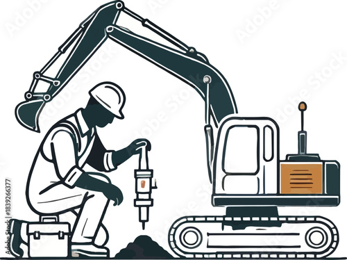 Construction worker operating an excavator with jackhammer