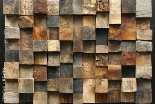 Wooden cube mosaic wall art, featuring rustic textures, varying colors, and dimensional relief