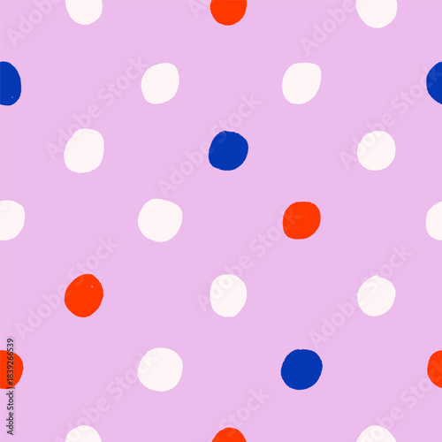 Polka dot pattern, texture. Seamless abstract background with modern style design, colorful repeating print, cute circles, spots decoration for girlish fabric, textile. Flat vector illustration.