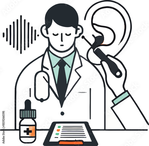 Doctor examining ear with otoscope and medical supplies