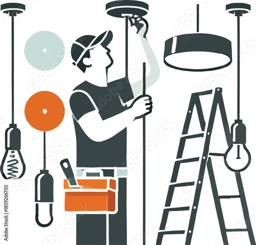 Electrician installing ceiling light fixture with tools and supplies