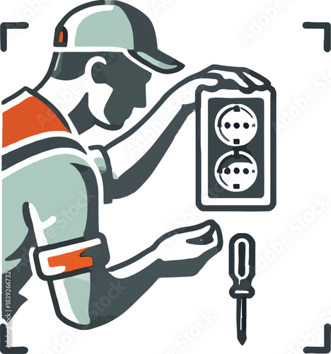 Electrician installing electrical outlet with screwdriver and tools