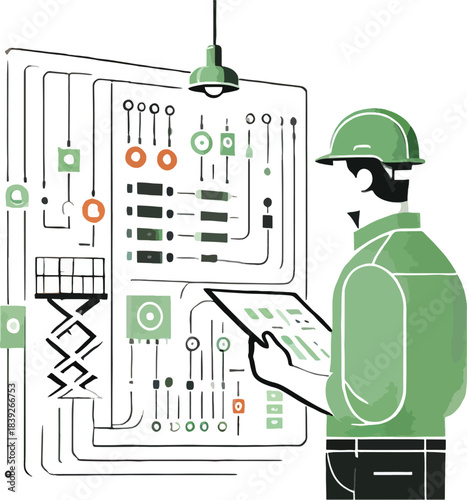 Engineer examining electrical panel with tablet technology