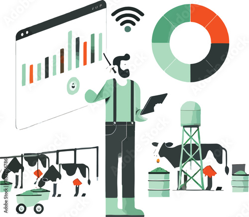 Farmer managing dairy farm with technology and data