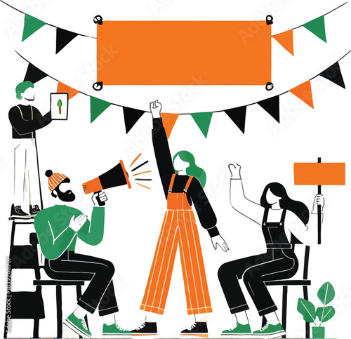 Group Rallying With Megaphone and Banners protest demonstration