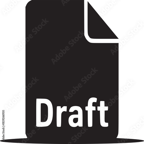 A black draft document icon on a white background with a folded corner and the word draft on it