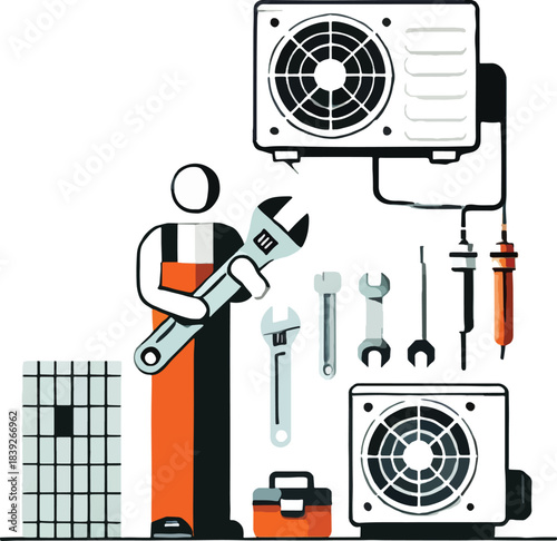 HVAC Technician with Tools and Air Conditioning Units
