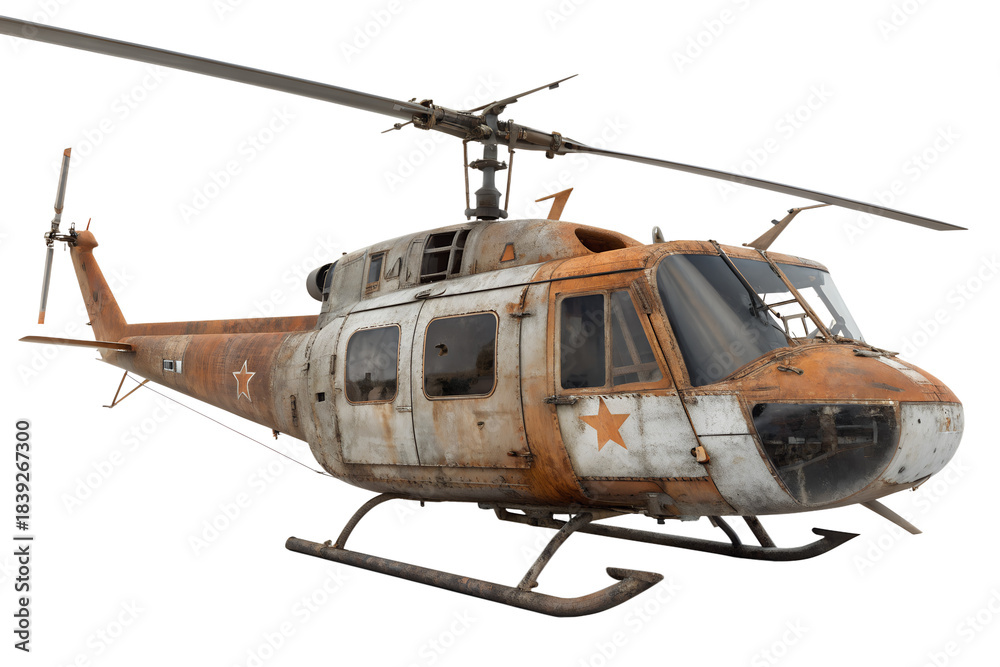 Fototapeta premium Vietnam-Era Bell UH-1 Iroquois Huey Helicopter Isolated on White Background 3D Render