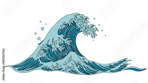 A powerful, stylized illustration of a large ocean wave cresting with foam and spray against a white background.