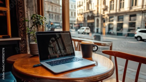 Laptop and coffee cup on a table outside a cafe overlooking a city street