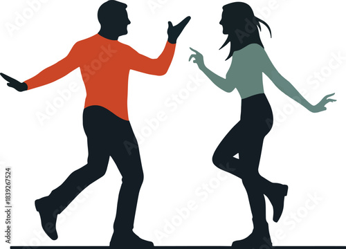 Silhouette couple dancing energetically on a white background Keywords: dancing, couple