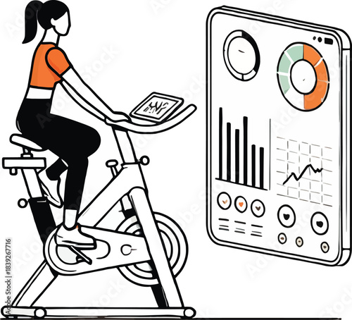 Woman cycling on stationary bike with fitness data on screen