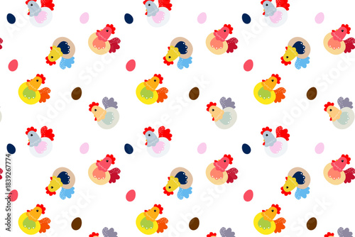 A seamless pattern featuring cute cartoon chickens and colorful Easter eggs scattered across a clean white background, perfect for spring designs.