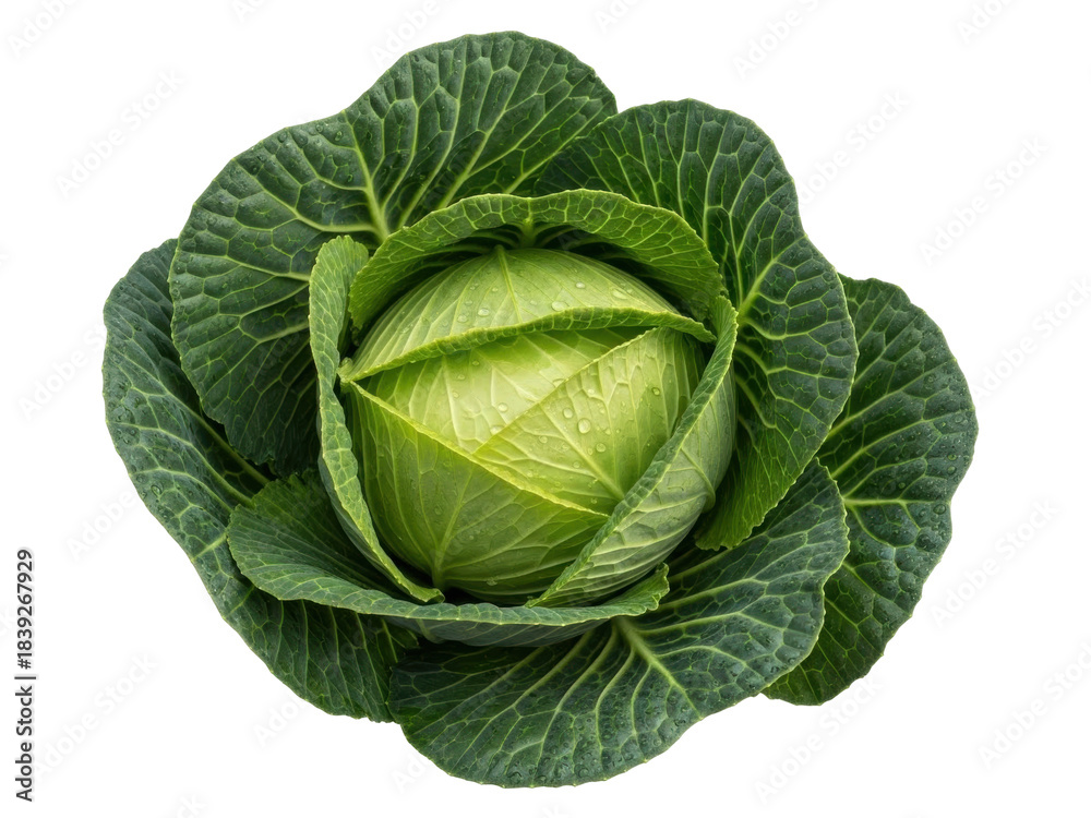 Obraz premium Isolated head of fresh green cabbage, leafy vegetable, delicious raw salad ingredient
