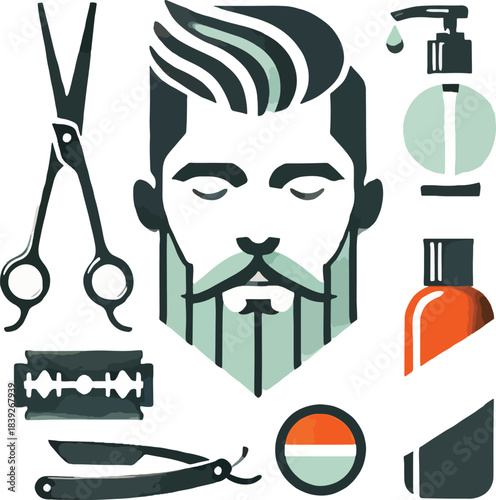 Barber Tools and Man's Portrait Flat Design scissors