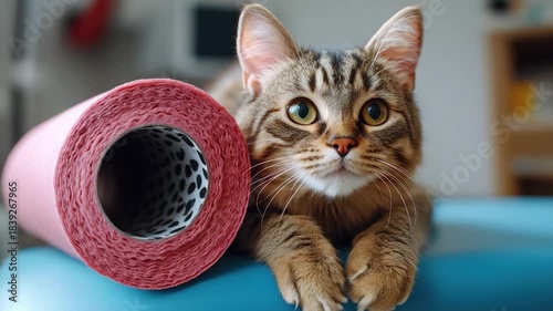 A tabby cat rests beside a roll of pink cleaning cloths