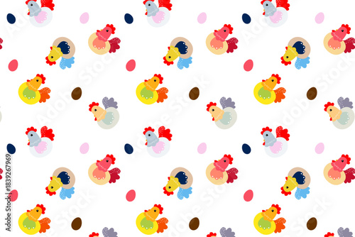 A seamless pattern featuring cute cartoon chickens and colorful Easter eggs scattered across a clean white background, perfect for spring designs.