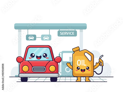 Kawaii car and oil jug characters stand happily together at a vehicle service station.