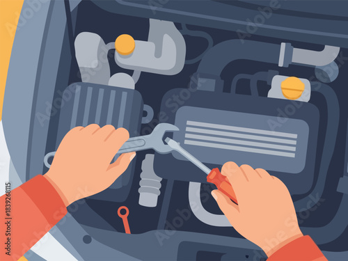 Hands repairing a complex vehicle engine using a screwdriver and wrench.